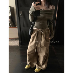 区欧陽アメリカレトロカジュアルパンツ女性春工装ズボンストレートワイドパンツゆるいズボンモップズボン