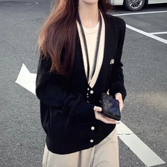 韩系假两件针织开衫女早秋季穿搭撞色长袖毛衣宽松慵懒风轻奢上衣