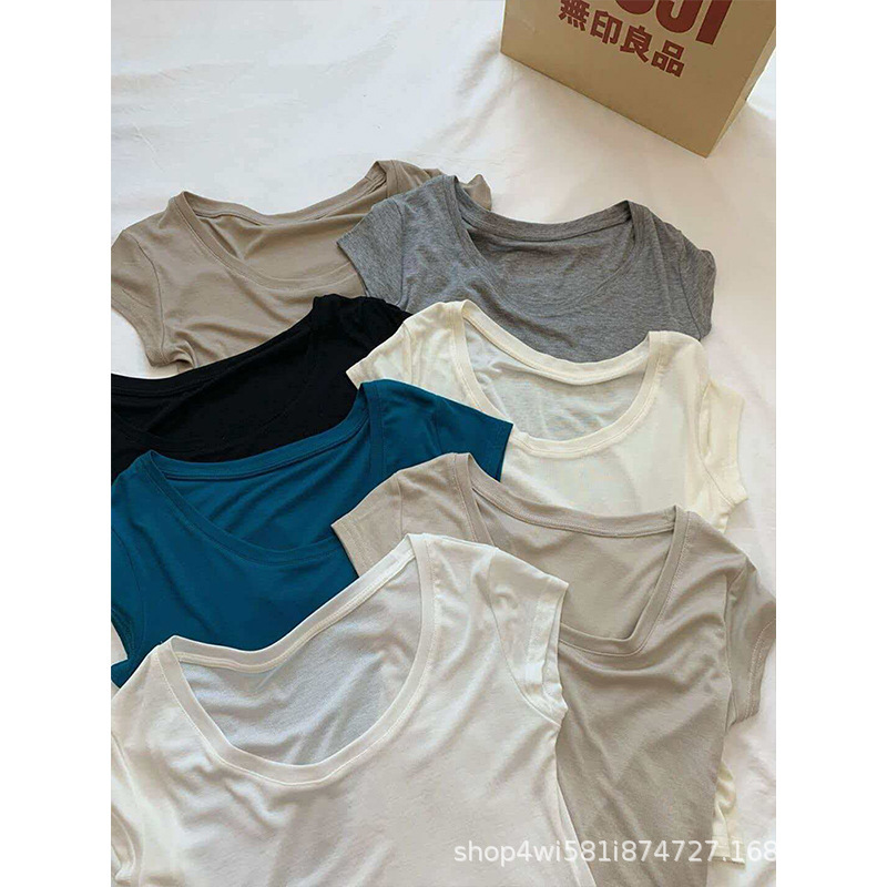 Tencel Short-Sleeve T-Shirt for Women, Summer Thin Style, Trendy Outerwear with a High-End Feel, Round Neck Slim-Fit Ice Silk Top