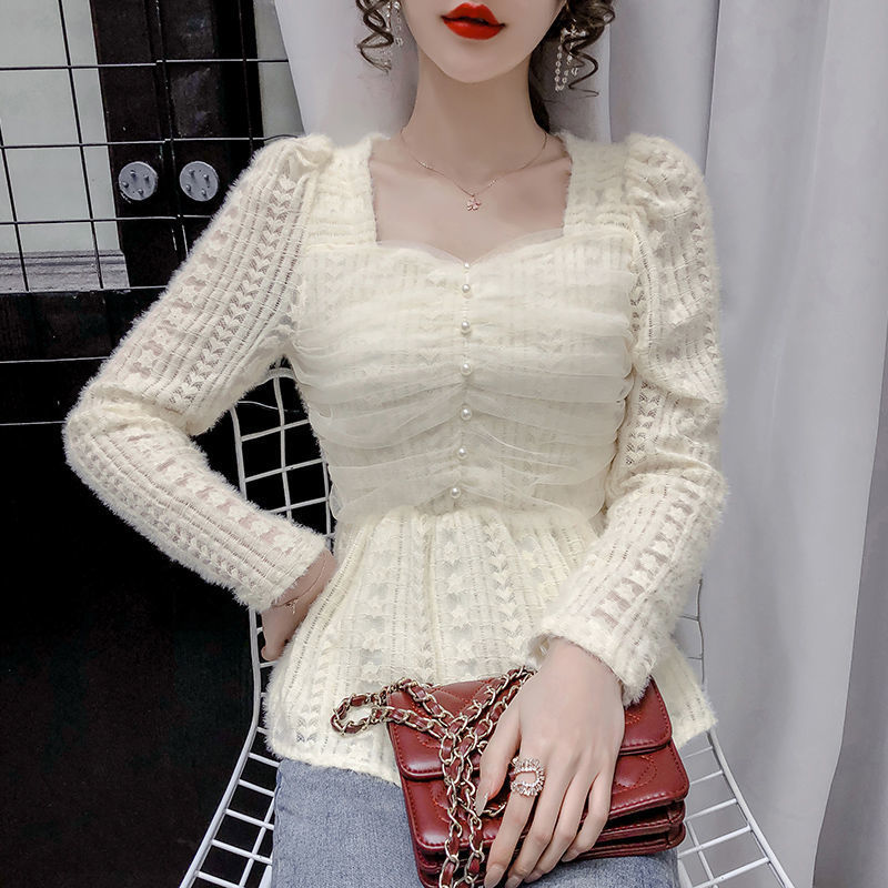 A6C Spring Wear 2023 New Waist Slimming Pearl Buckle Elegant Long Sleeve Top Lace Square Collar Base Shirt for Women