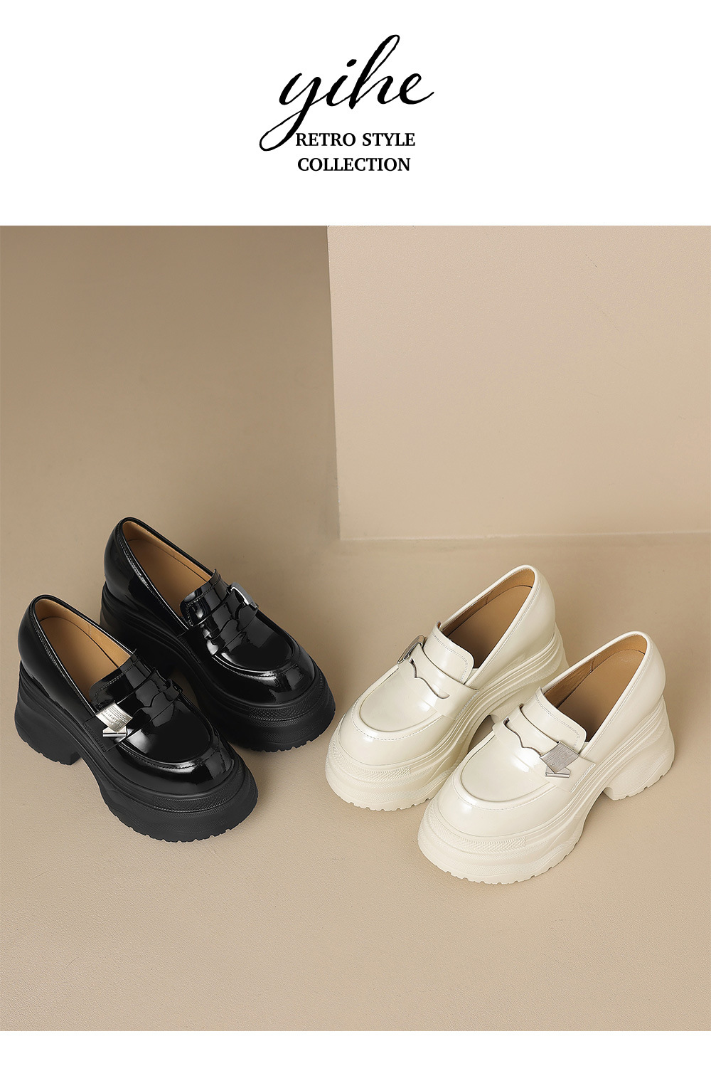 Giày lười nữ tăng chiều cao 12cm đế dày da sáng chế mũi vuông phong cách loafer — đen, Màu trắng nhạt chi tiết 14