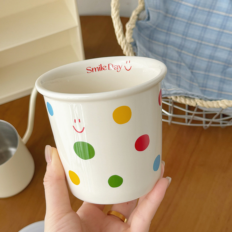 新品insカラー波点コーヒーカップ手持ちセラミックカップヨーグルトカップ蓋付き密封マグカップ高颜値|undefined