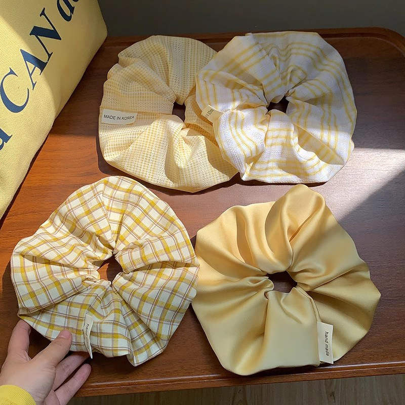 Korean style virgin girl's oversized yellow large intestine hair loop satin plaid spring and summer meatball head low ponytail hair rope