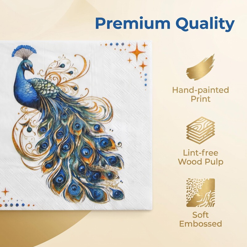 Paper Napkins for Catering, Gold Peacock Print Napkins, Disposable Square Napkins for Holiday Parties Paper Napkins for Catering, Gold Peacock Print Napkins, Disposable Square Napkins for Holiday Parties