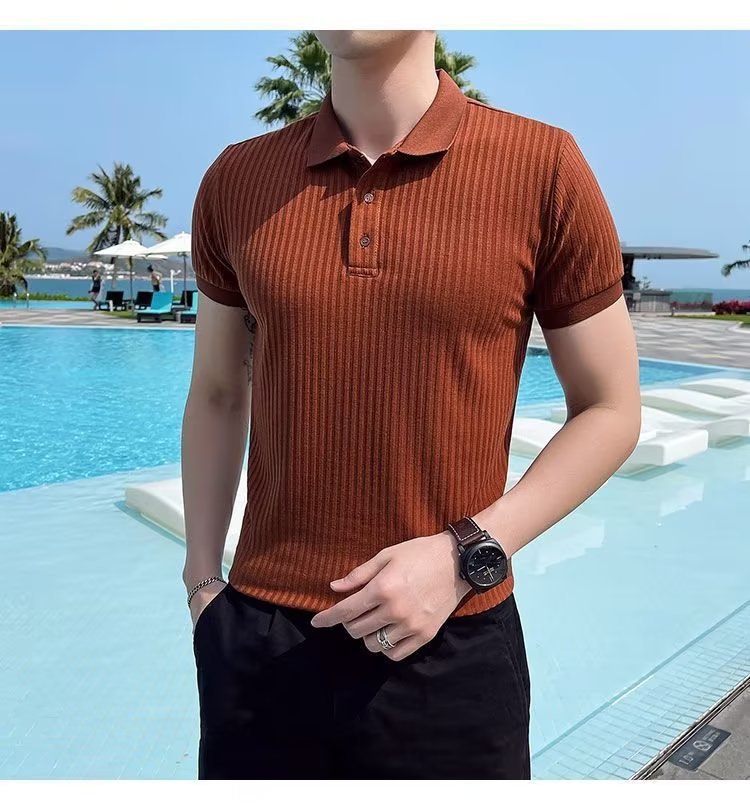 Camicia in polp intrecciato a righe estive 2023 T-shirt in seta di ghiaccio Versatile tinta unita comoda manica corta - stampabile Tiktok_voghion.com