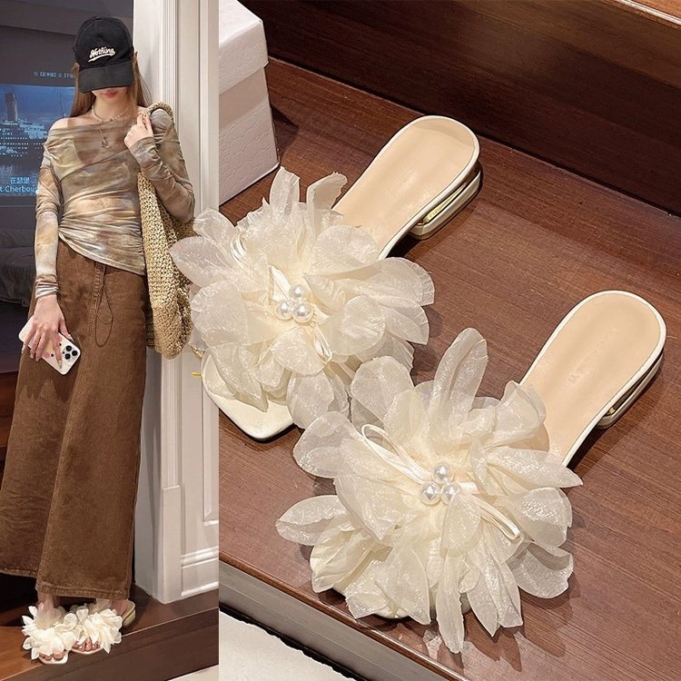 Женские летние сабо 2025 года в стиле феи, квадратный носок, цветочный дизайн, бант, жемчуг, низкий толстый каблук