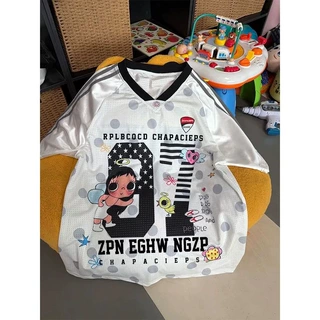 原版面料  原版做工 螺纹领口+后包边 印花球衣领短袖女白色磨毛