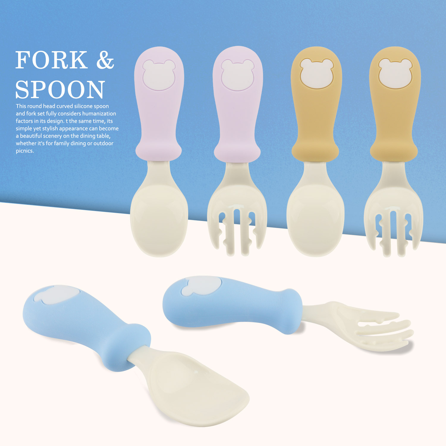 Baby Learning Silicone Spoon Household Kidsren's Cute Food Supplement Spoon Short Handle Easy to Hold Fork Food Grade Tableware Set