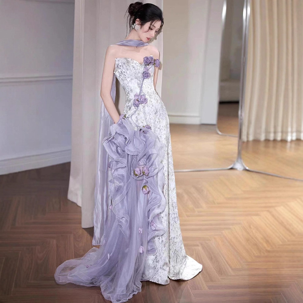 Purple Strapless Evening Dress for Women, Light Luxury High-End Feel, Host Floral Wedding Banquet Niche Bride Toast Dress