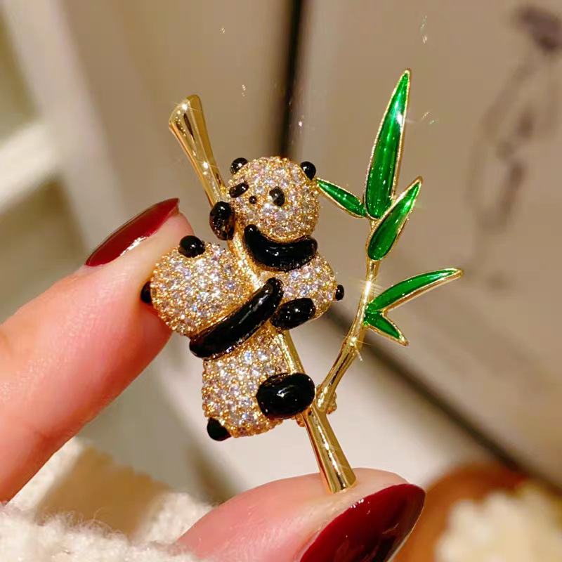 New Chinese-Style Double Panda Bamboo Brooch, National Style Enamel Bamboo Animal Pin, Suit and Qipao Brooch Accessory