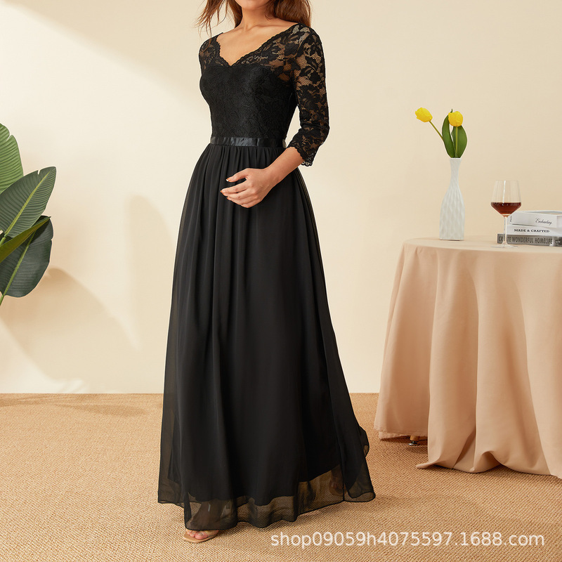 European and American Banquet Lace Stitching Long Waisted Noble Dress dress