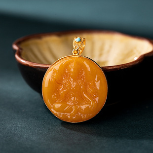 Natural Beeswax Round Pendant s925 Silver Gold Plated Hand Carved Green Mother Burned Blue Altar City Bagua Guofeng Pendant