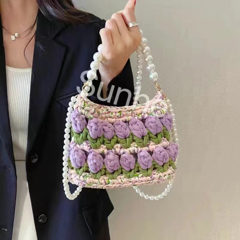 Bolsa de tejido DIY hecha a mano, bolsa de Tulip, tela casera, línea de ganchillo, bolsa de material DIY