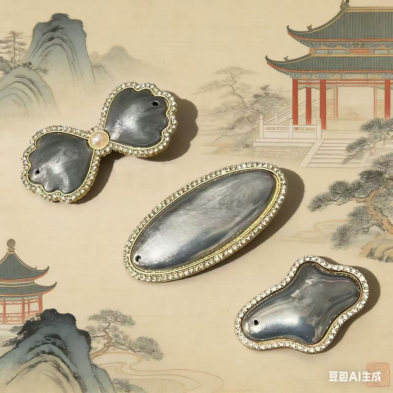 Pearl Antique Oval Song Brocade Mother-Of-Pearl DIY Flat Hairpin Base Clip New Chinese Style Hairpin Base Leather Hairpin