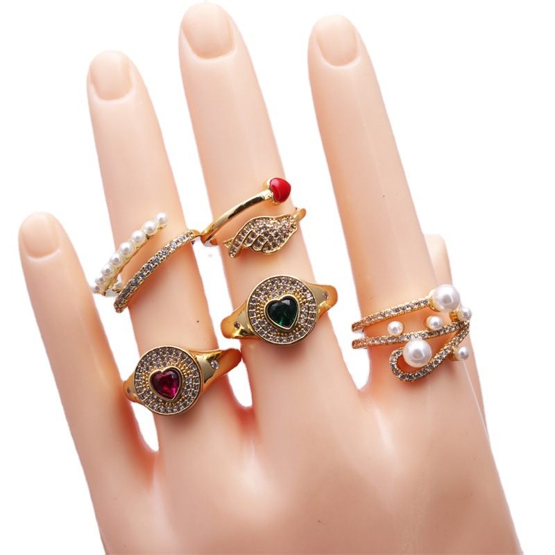 Cross-border European and American Copper Micro-inlaid Zircon Pearl Heart-shaped Open Ring Women's Heart-shaped Love Ring ins Internet Celebrity