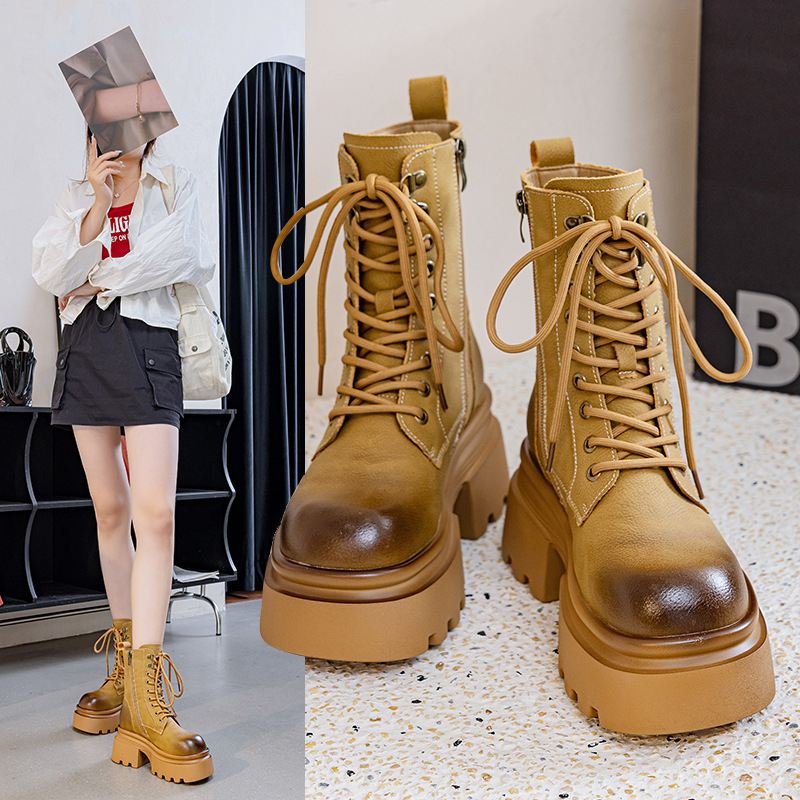 厚底马丁靴女2025秋冬新款百搭擦色靴ins英伦风增高粗跟机车短靴