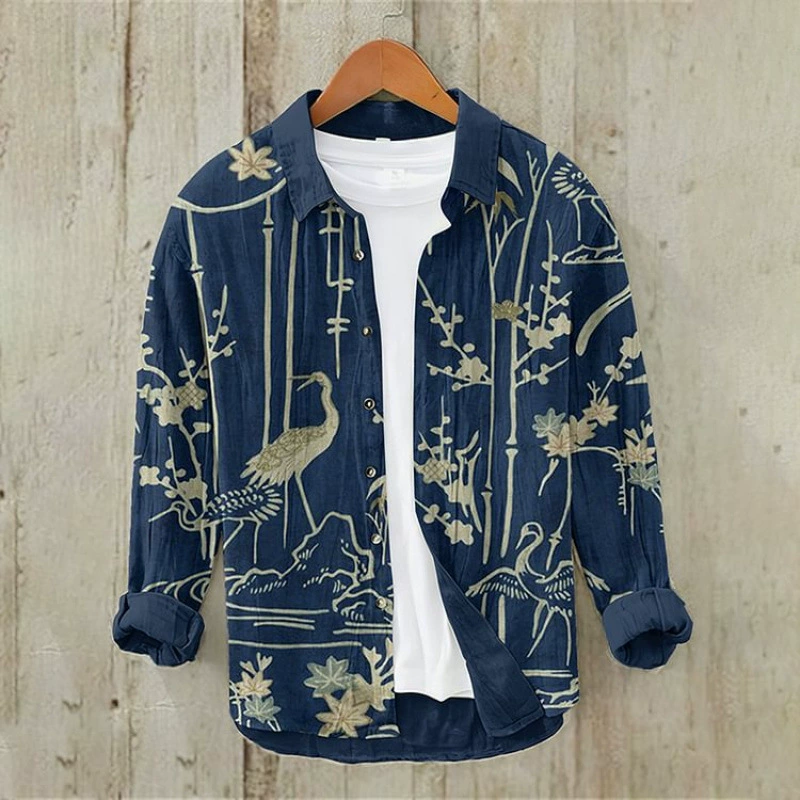 Молодежная весенне-осенняя мужская простая рубашка с длинными рукавами в стиле ретро Crane Guozhu с 3D-принтом, модная повседневная свободная рубашка