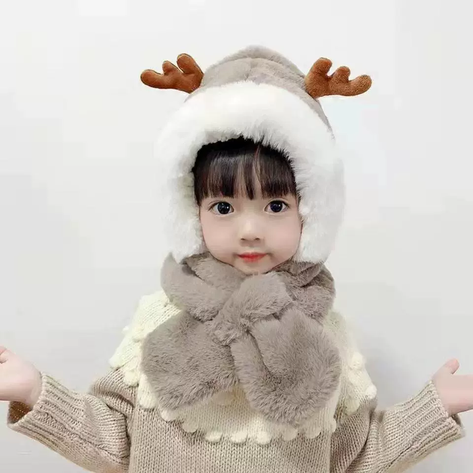 儿童毛绒帽子围巾一体秋冬男女宝宝套头帽加厚可爱卡通小鹿护耳帽