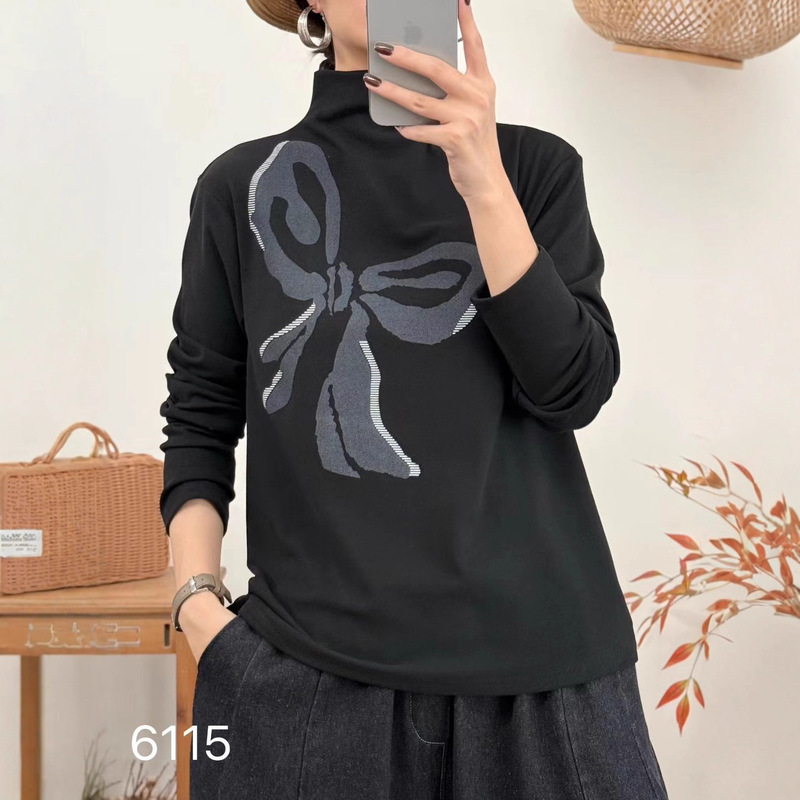 洋气百搭蝴蝶结印花2025秋季新款时尚半高领打底衫上衣女|undefined