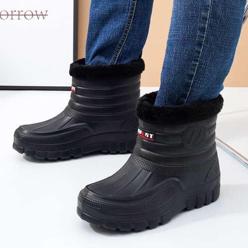 Fleece-lined, warm, outdoor, waterproof cotton shoes—men's rain boots, car wash boots, construction site safety boots, wear-resistant mid-to-high cut water shoes, snow boots.