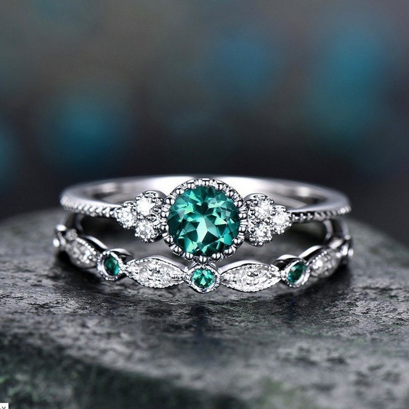 Jianjie Wish Hot Selling New Inlaid Emerald Zircon Ring Women's European and American Fashion Sapphire Engagement Ring