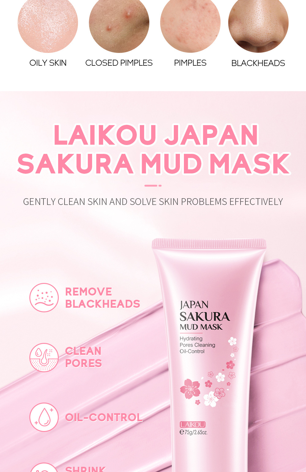 LAIKOU Cherry Blossom Mask Mud 75g, an application type mud mask for pore cleansing, skin care, moisturizing and hydrating, cross-border undefined