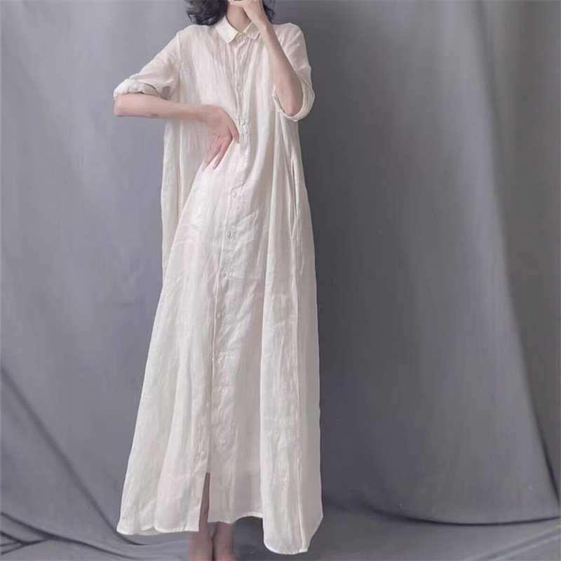 2026 Spring/Summer New Style Artistic Ramie Loose Fit Large Size Flowing Elegant Versatile Turn-Down Collar Long Sleeve Shirt Dress