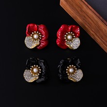 中古复古珐琅花朵耳坠高级轻奢vintage拉丝耳饰满钻花瓣珍珠耳钉