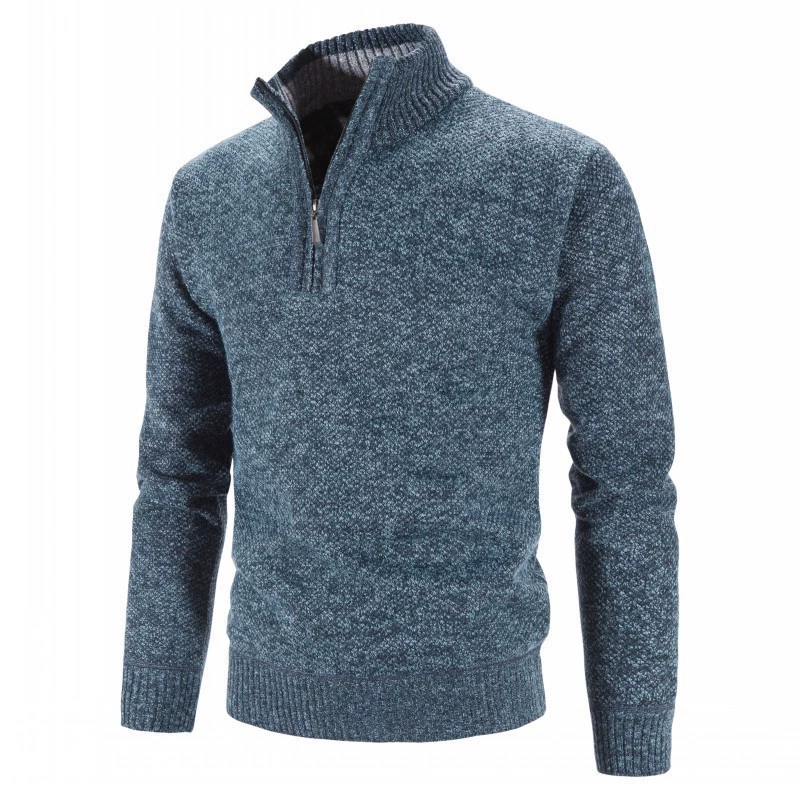 ウール混ニットジップセーター、スタンドカラー、リブ袖、色展開ブルー/レッド/グレー/ブラウン、M–3XL