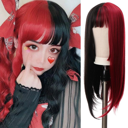 Cosplay anime wig female black and white yin and yang color air bangs long straight hair female chemical fiber wig AliExpress new style