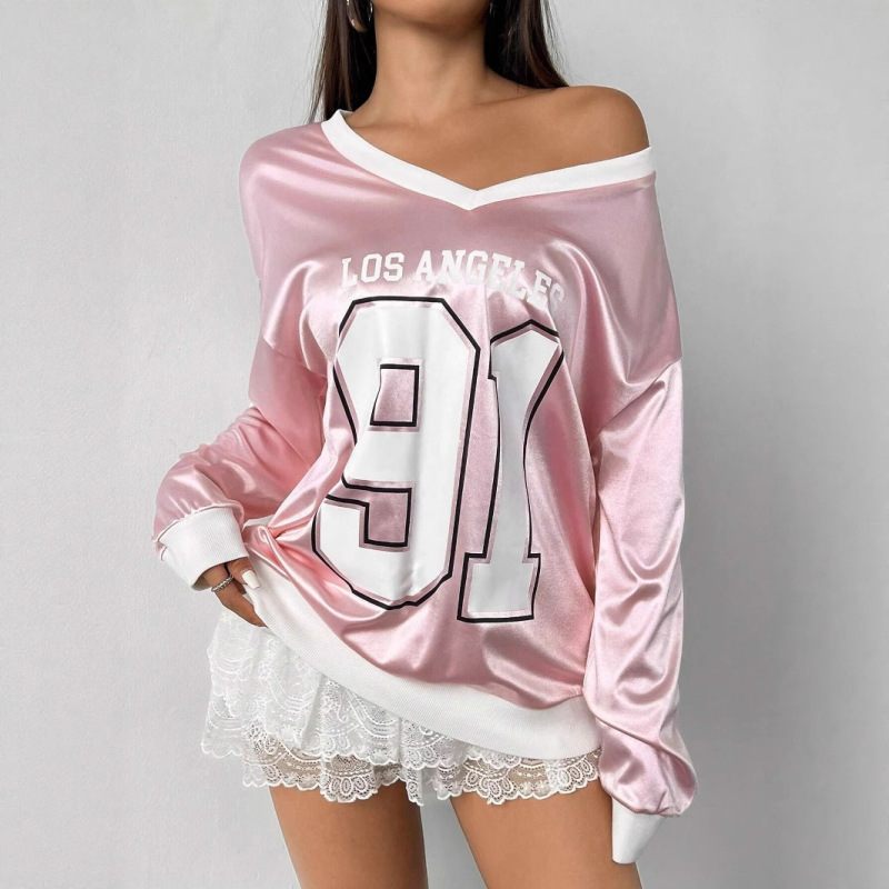 American-Style Sports Digital Print Loose Long-Sleeve Top, Macaron Casual Pullover V-Neck Personalized Unisex T-Shirt American-Style Sports Digital Print Loose Long-Sleeve Top, Macaron Casual Pullover V-Neck Personalized Unisex T-Shirt