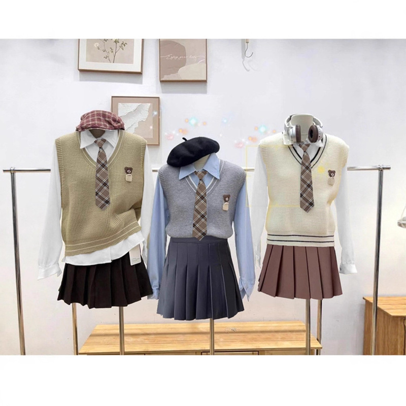 College Style Bear Knitted Vest Layered Shirt Two-Piece Set for Women Spring & Fall New Jk Uniform Outer Sweater Vest