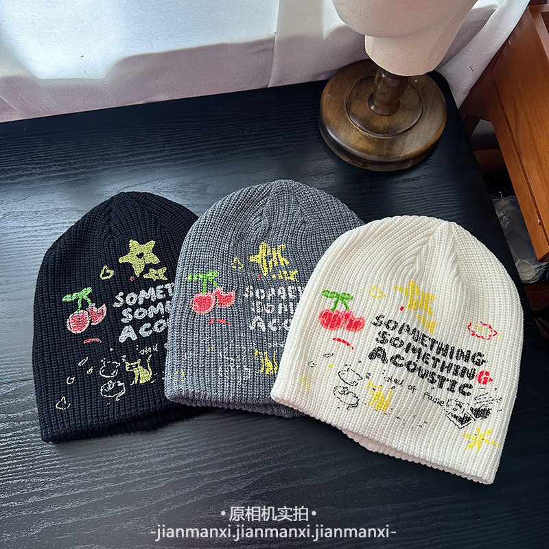 新款可爱涂鸦樱桃星星字母毛线帽子女秋冬天套头显脸小针织帽冷帽|undefined