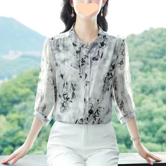 新しい中国風のファッションシフォンシャツ女性のための 2025 夏の新しい七分袖ボタンダウンシャツレトロシャツ多用途トップ
