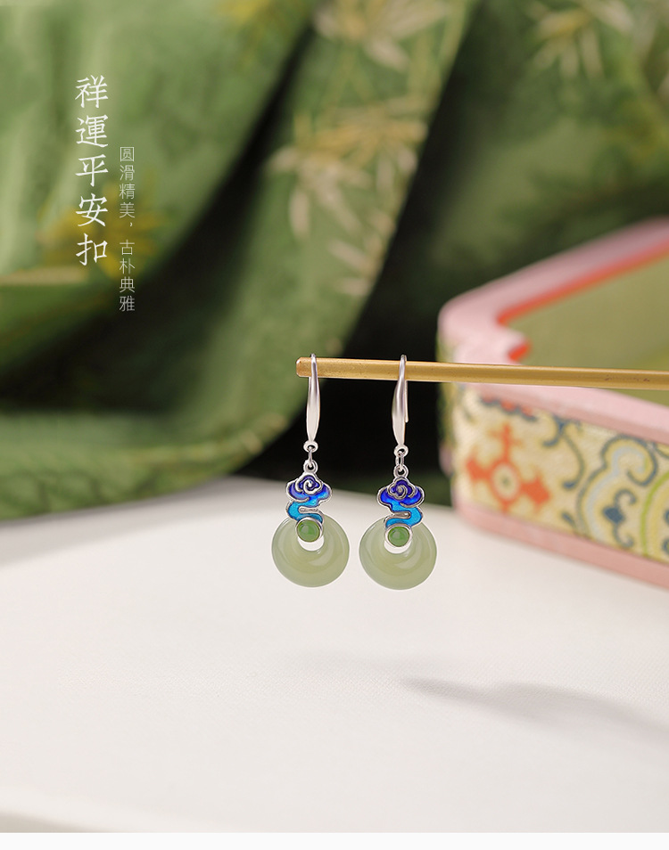 Bông tai nữ bạc S925 đính ngọc bích vàng tự nhiên và pha lê men xanh, mặt dây hình bình an khóa — Một đôi chi tiết 2