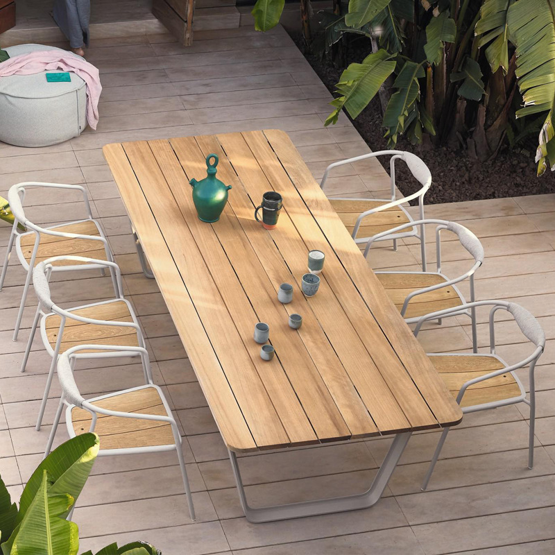 Outdoor dining table and chairs, teak, waterproof and sun-resistant, simple rattan furniture, outdoor balcony, patio, open-air leisure, courtyard, villa
