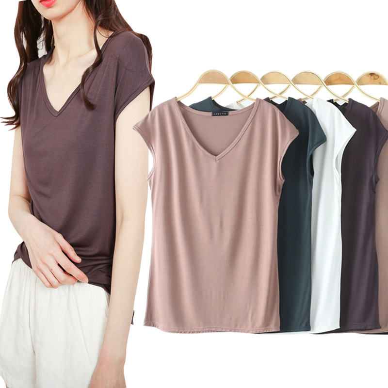 Summer Modal Sleeveless T-shirt Women's Thin V-neck Short-sleeved Top Loose Vest Large Size Casual Solid Color Base Shirt