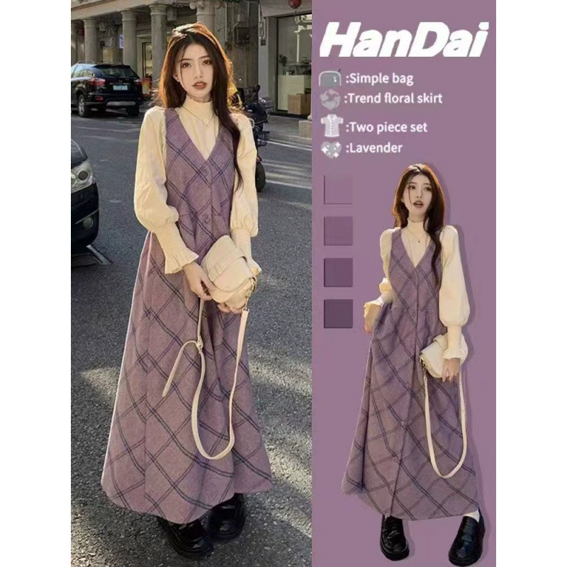 Много в наличии ~ 2024 Осень и зима маленький аромат в клетку с V-образным вырезом из шерстяной юбкой в нижней части топ для беременных