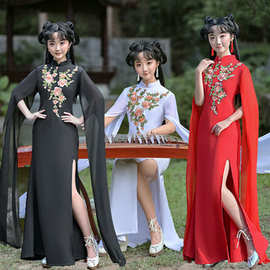 中国风古筝演出服夏季女童旗袍长袖表演服合唱团舞台服装新款礼服