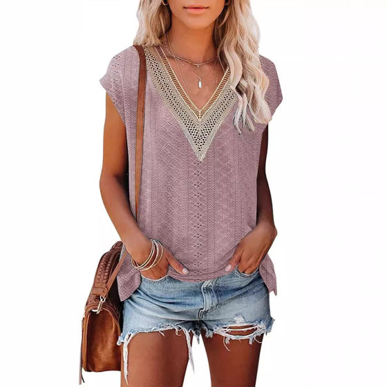 2023 Summer New Cross-border European and American Women's Amazon Women's T-shirt Hole Hollow V-neck Stitching Lace T-shirt