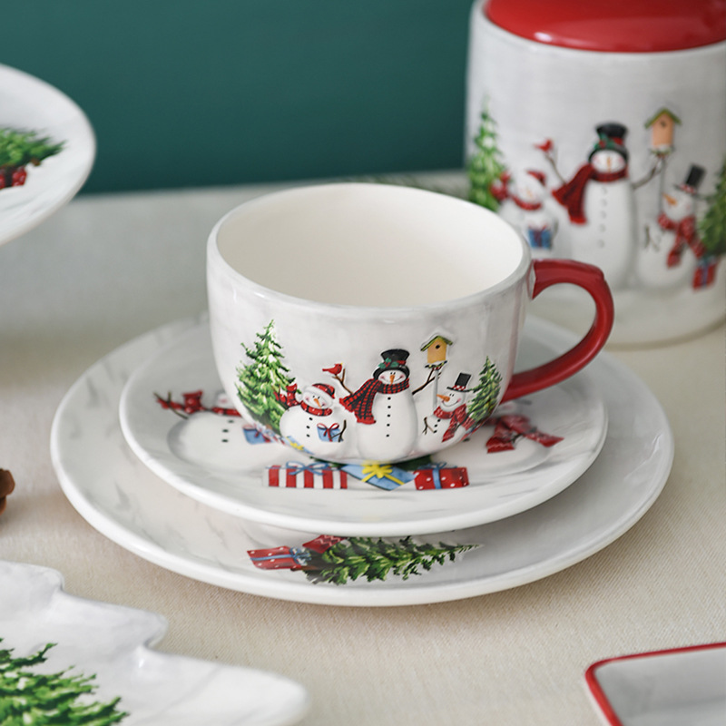 Juego de vajilla con cuencos y platos de muñeco de nieve navideño, cuenco de arroz con relieve, plato plano de cerámica occidental, taza_voghion.com