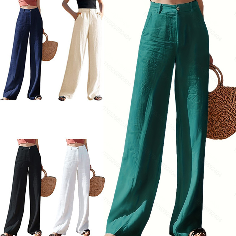 2025 Cross-Border European and American Women's Clothing Amazon Linen Wide-Leg Pants Loose Cotton-Linen High-Waisted Straight-Leg Women's Commuter Style