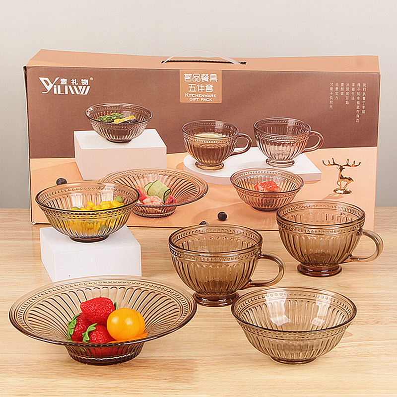 Light Luxury Glass Bowls and Plates Five-piece Set Household Brown Vertical Pattern Breakfast Cup Salad Bowl Tableware Set Event Gift Light Luxury Glass Bowls and Plates Five-piece Set Household Brown Vertical Pattern Breakfast Cup Salad Bowl Tableware Set Event Gift