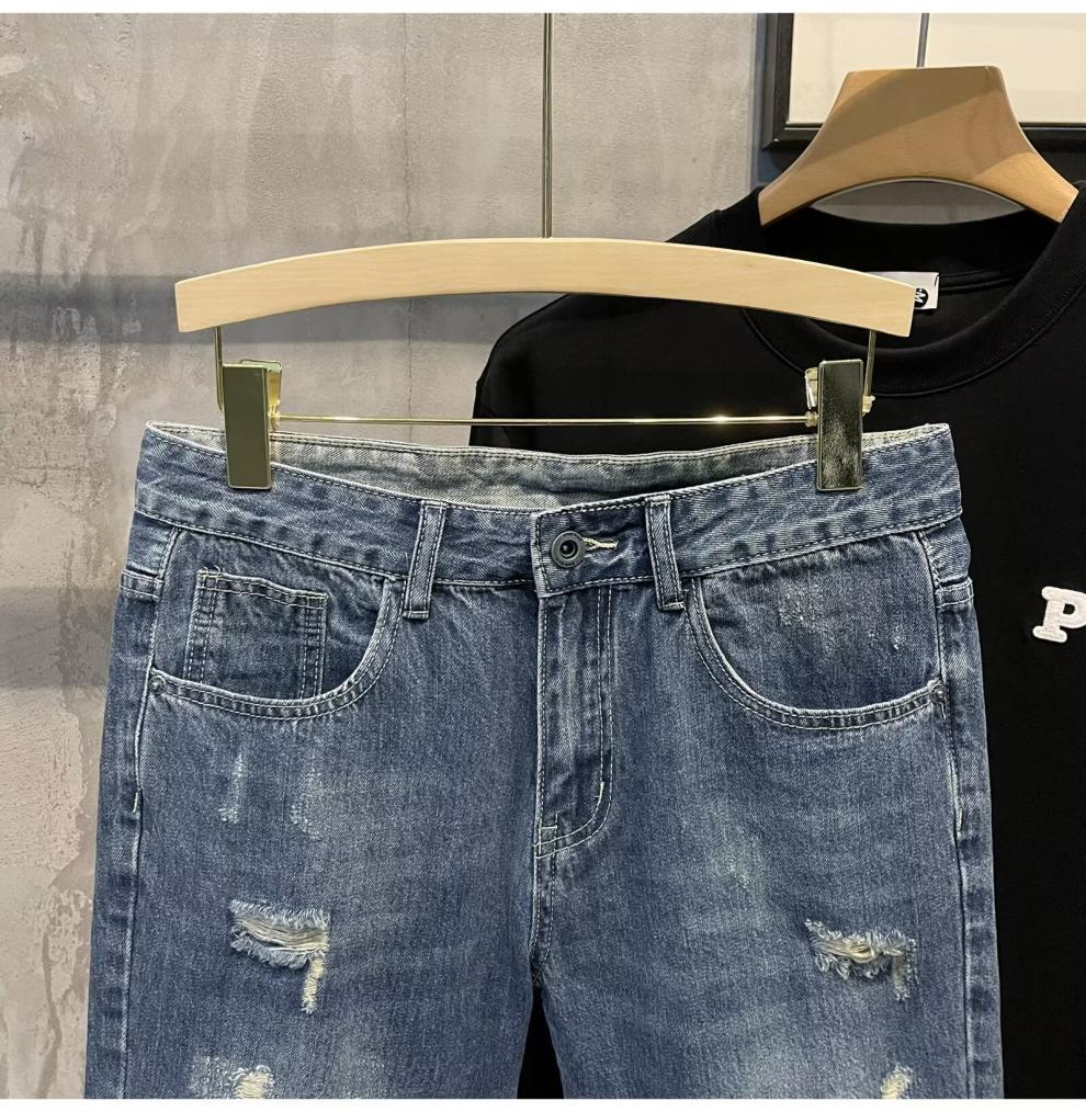 Men's Ripped Denim Shorts Casual Loose Fit Washed Perforated Straight Leg Mid Waist Trendy Summer Style Cotton Five Point Pants_mkmklike.com