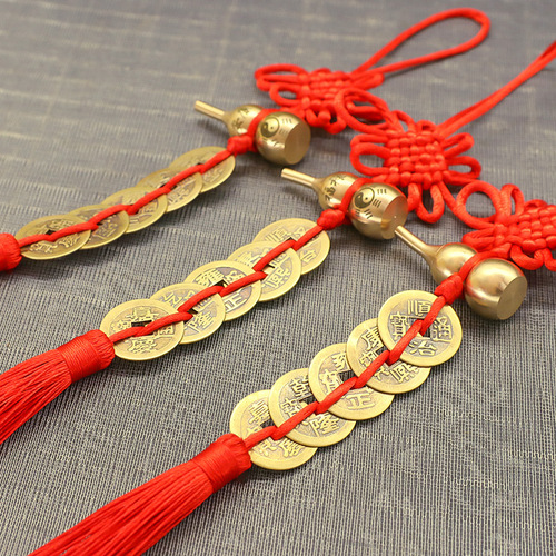 Brass open cover with Fu Lu An Kang copper gourd, auspicious knot, wearing Qinglong and Baihu hollow copper gourd, five emperors coin pendant