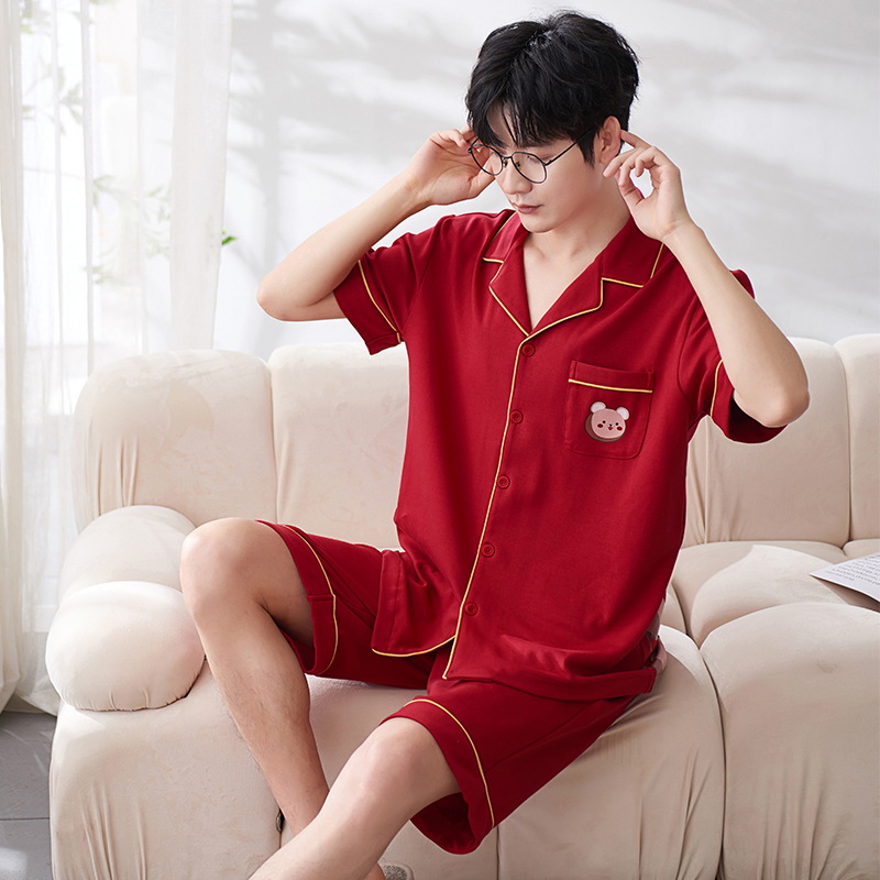 Pijamas de verano Algodón puro noble cardigan manga corta boda festiva rojo brillante desgaste hogar nacimiento año primavera y otoño traje