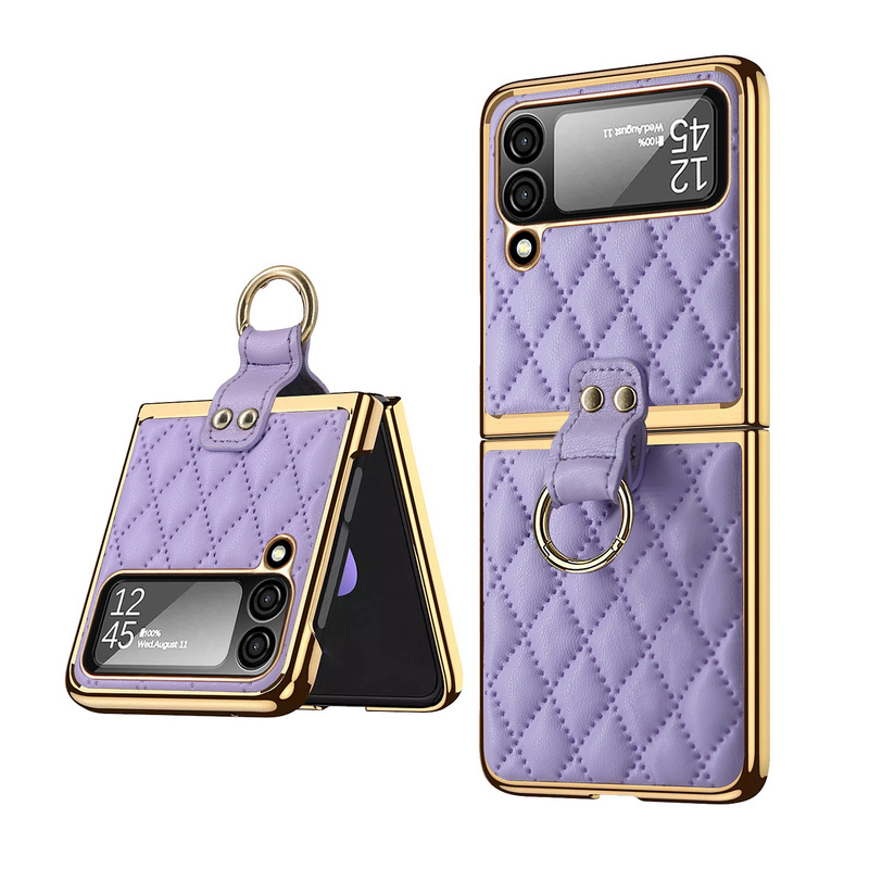 Suitable for Samsung Galaxy Z Flip 3 Electroplated Rhombus Leather Pattern Mobile Phone Case Flip3 Small Fragrance Style Ring Holder