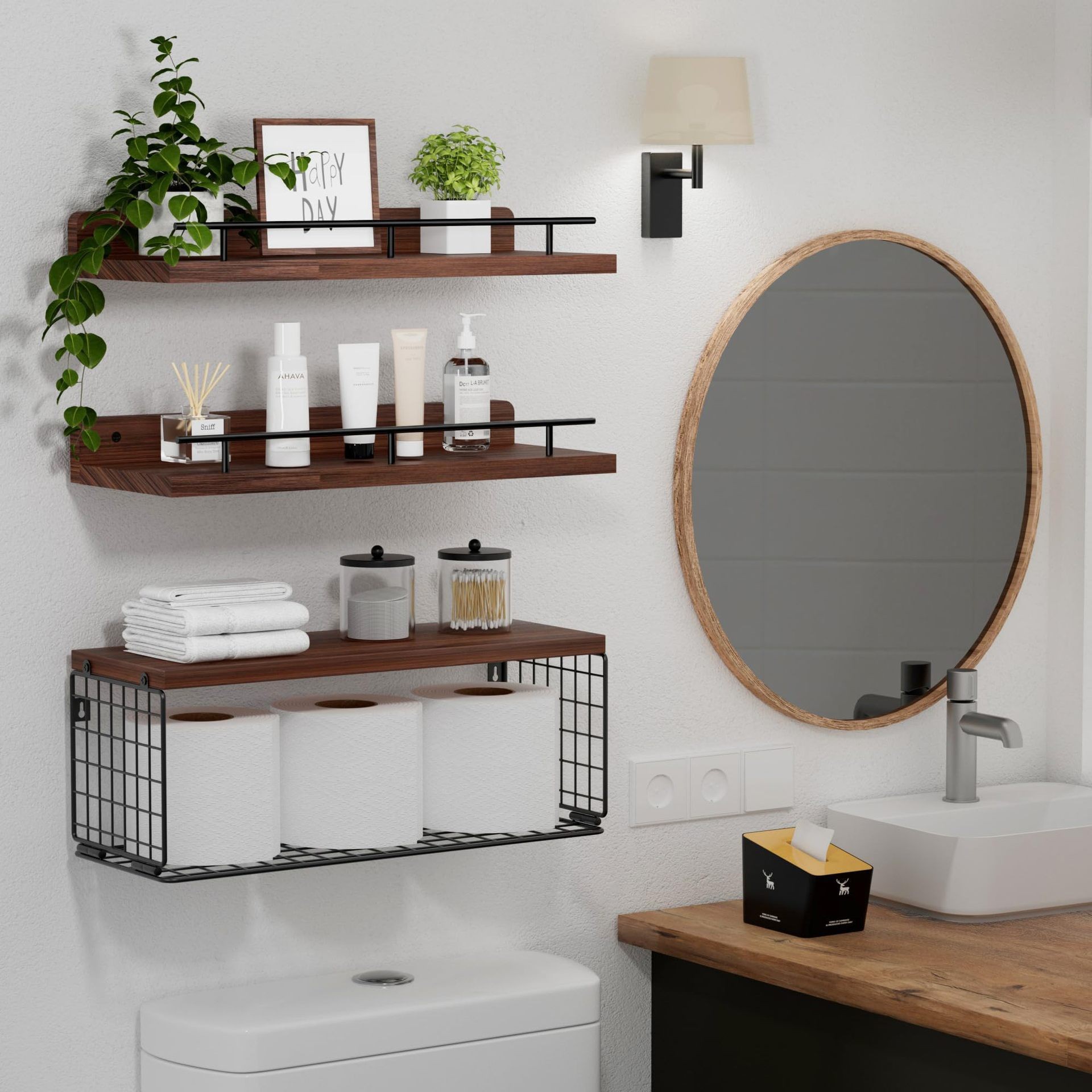 Iron Wood Storage Rack Bathroom Wall-mounted Bathroom Shelf Home Bedroom Living Room Kitchen Iron Wood Combined Storage Rack