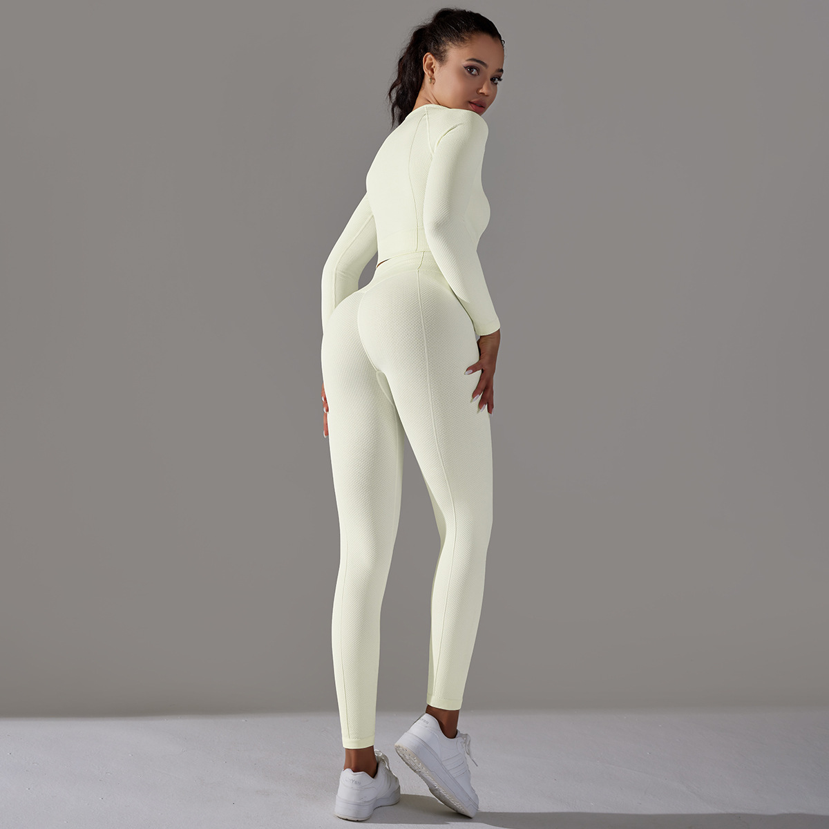 Women's Jacquard Yoga Dress Long Sleeve Suit High Waist Hip Tights Fitness Sportswear_voghion.com
