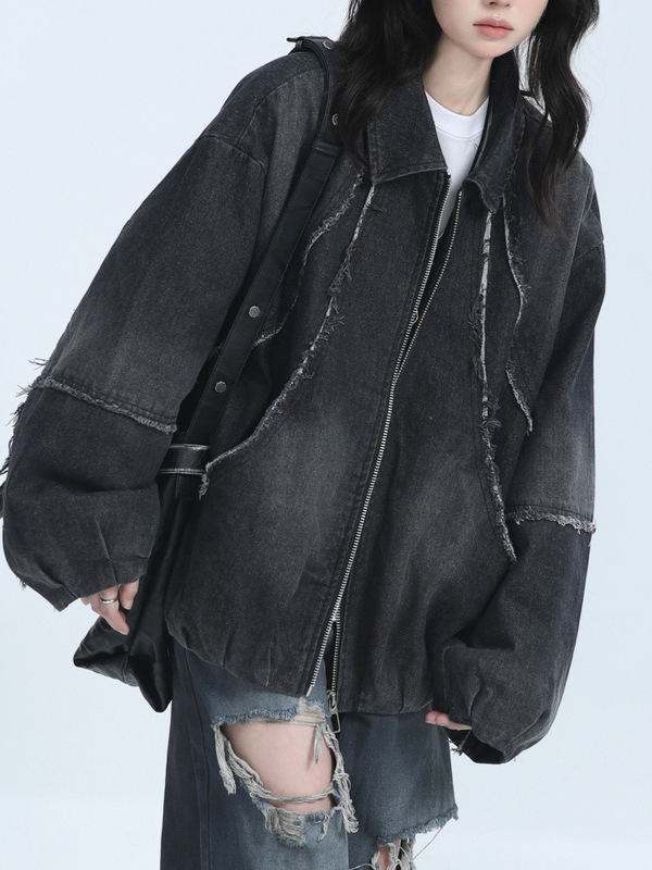 美式复古重工水洗毛边牛仔外套男女秋季新款宽松小众嘻哈潮牌夹克|undefined